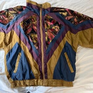 Colorblock Floral Panel Windbreaker Jacket - Mustard, Navy, Plum